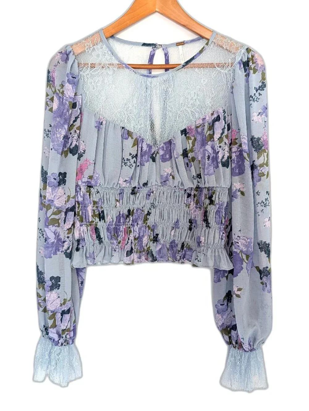 Free People | Daphne Smocked Blouse Blue Floral & Sheer Lace	| Size Medium